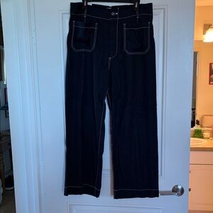 Anthropologie NAVY Wide Leg Pants with white piping.